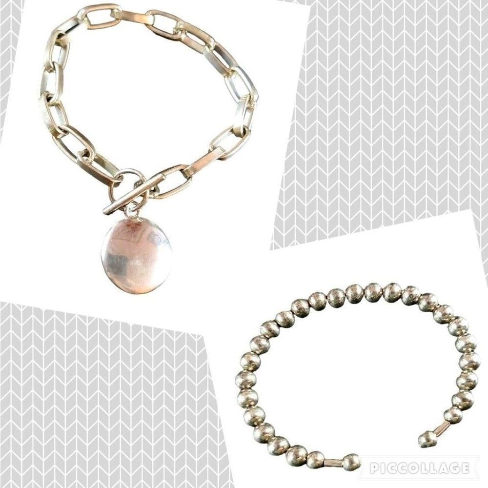 VINTAGE Silver Tone Bracelets: Chain Link Toggle Charm Bracelet Beaded Lot of 2